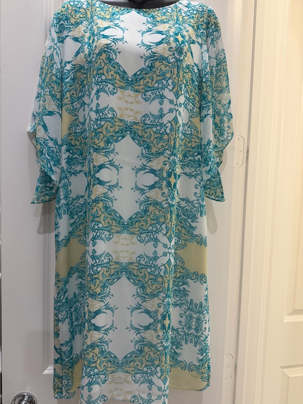 Antonio Melani Teal Baroque Damask Chiffon Shift Dress Kimono Flutter Sleeves